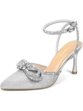 Women's Silver Bow Faux Leather Sparkly Mesh Closed Toes Heels With Ankle Strap